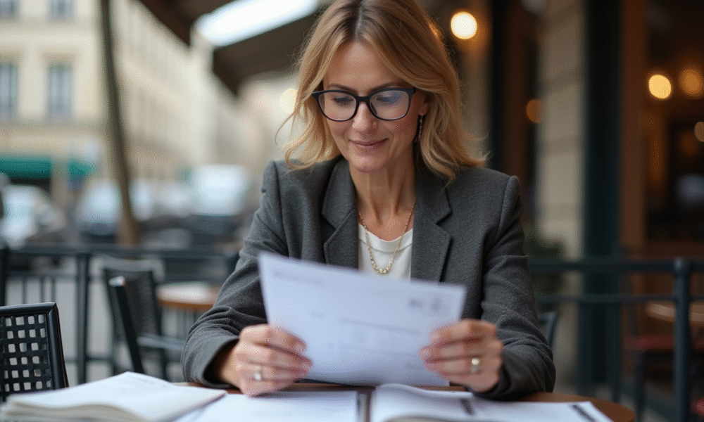 Femme française examine ses relevés bancaires en terrasse