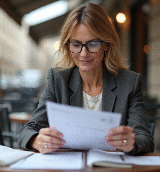 Femme française examine ses relevés bancaires en terrasse
