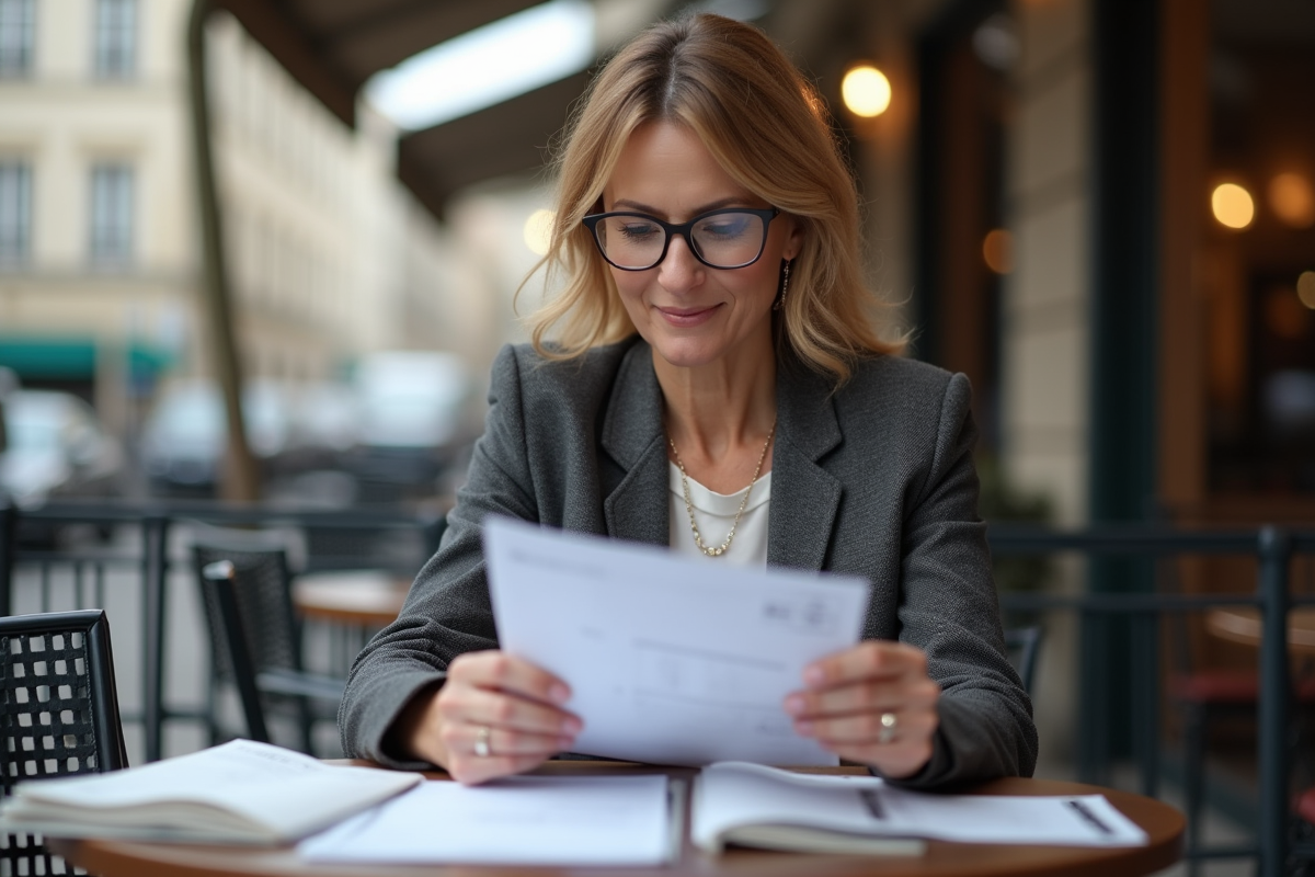 Femme française examine ses relevés bancaires en terrasse
