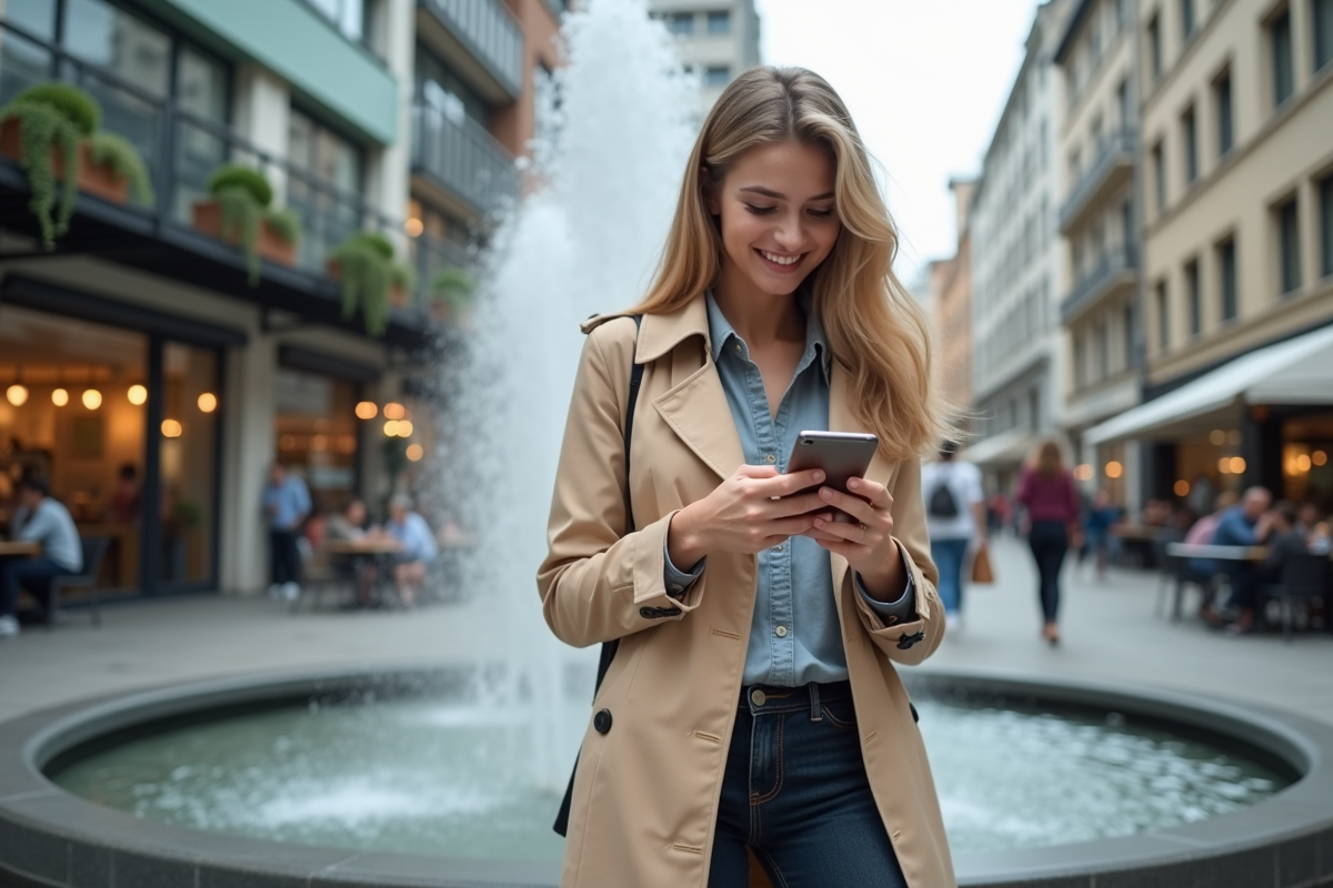 Jeune femme souriante vérifiant ses investissements en ville