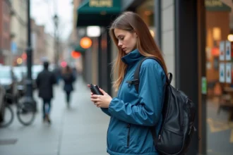 Femme en ville tenant un spray de sécurité