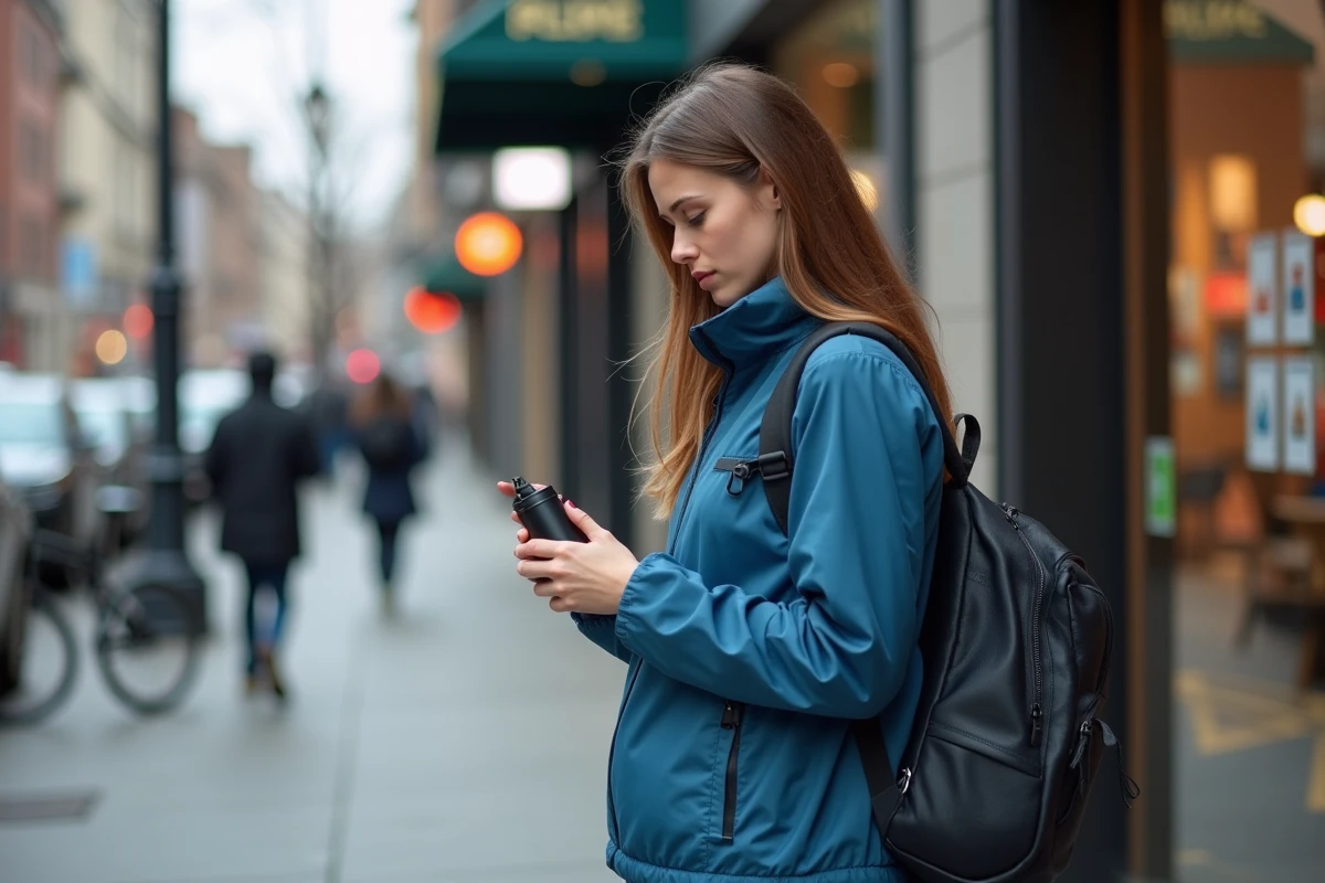 Femme en ville tenant un spray de sécurité