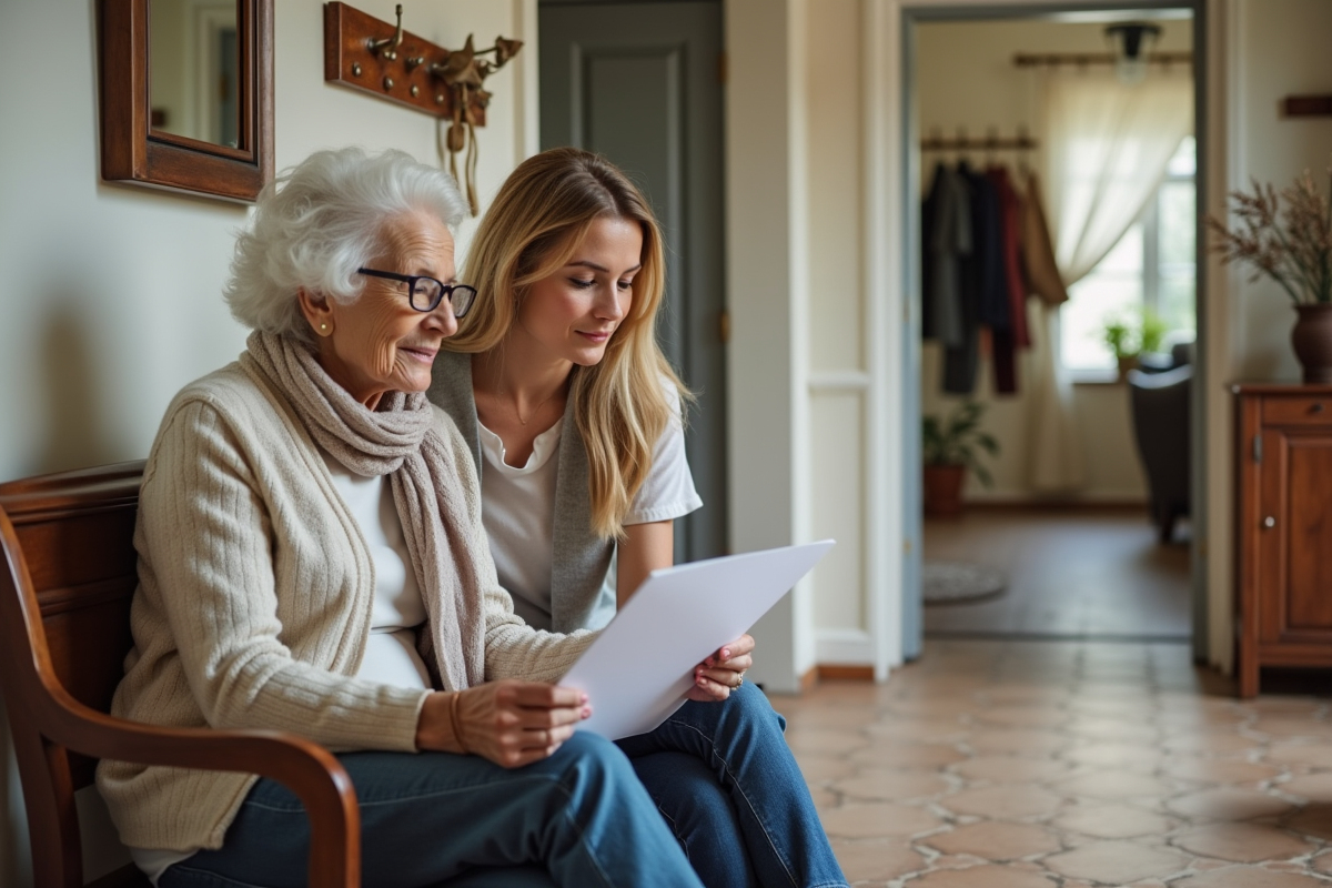 Femme âgée et fille examinent un rapport d