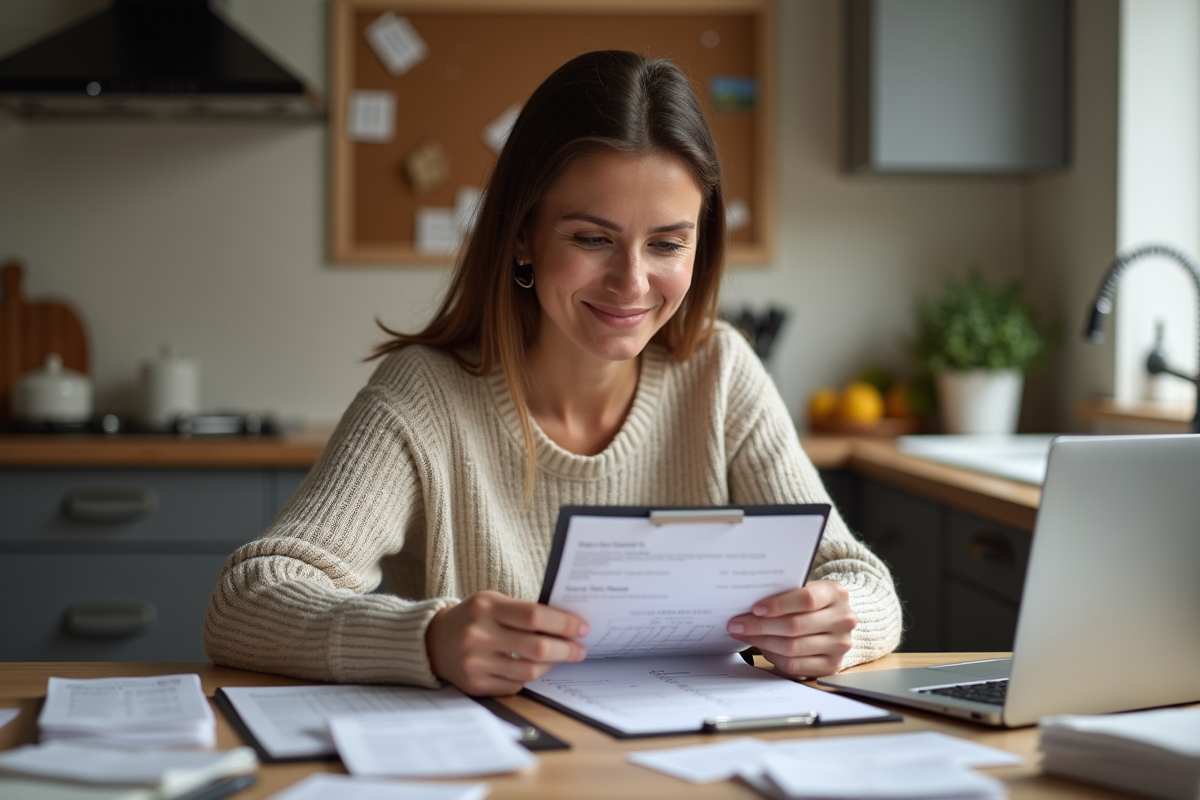 Femme vérifiant la liste de fête dans sa cuisine moderne