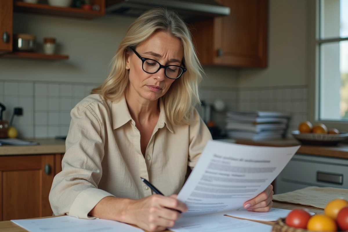 Femme examinant une attestation d'hébergement imprimée à la table de sa cuisine avec une expression préoccupée