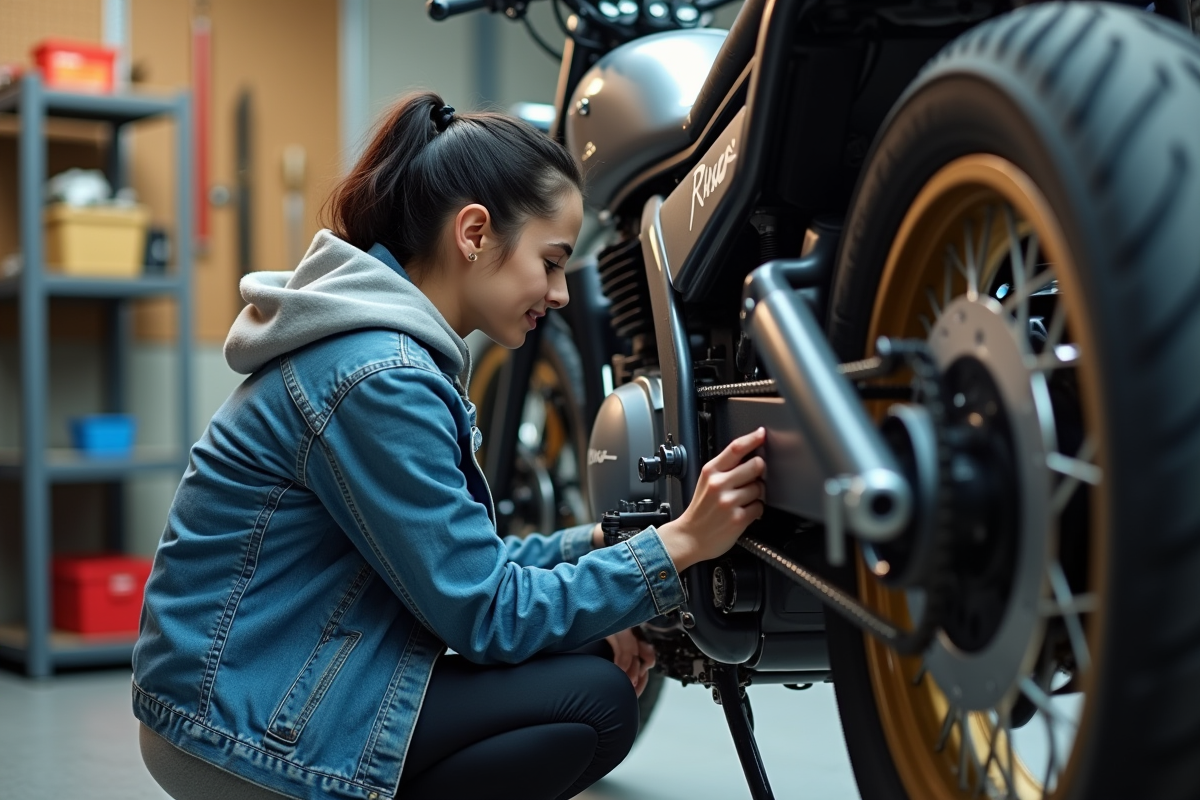Jeune femme vérifiant la chaîne de sa moto Piwi dans un garage