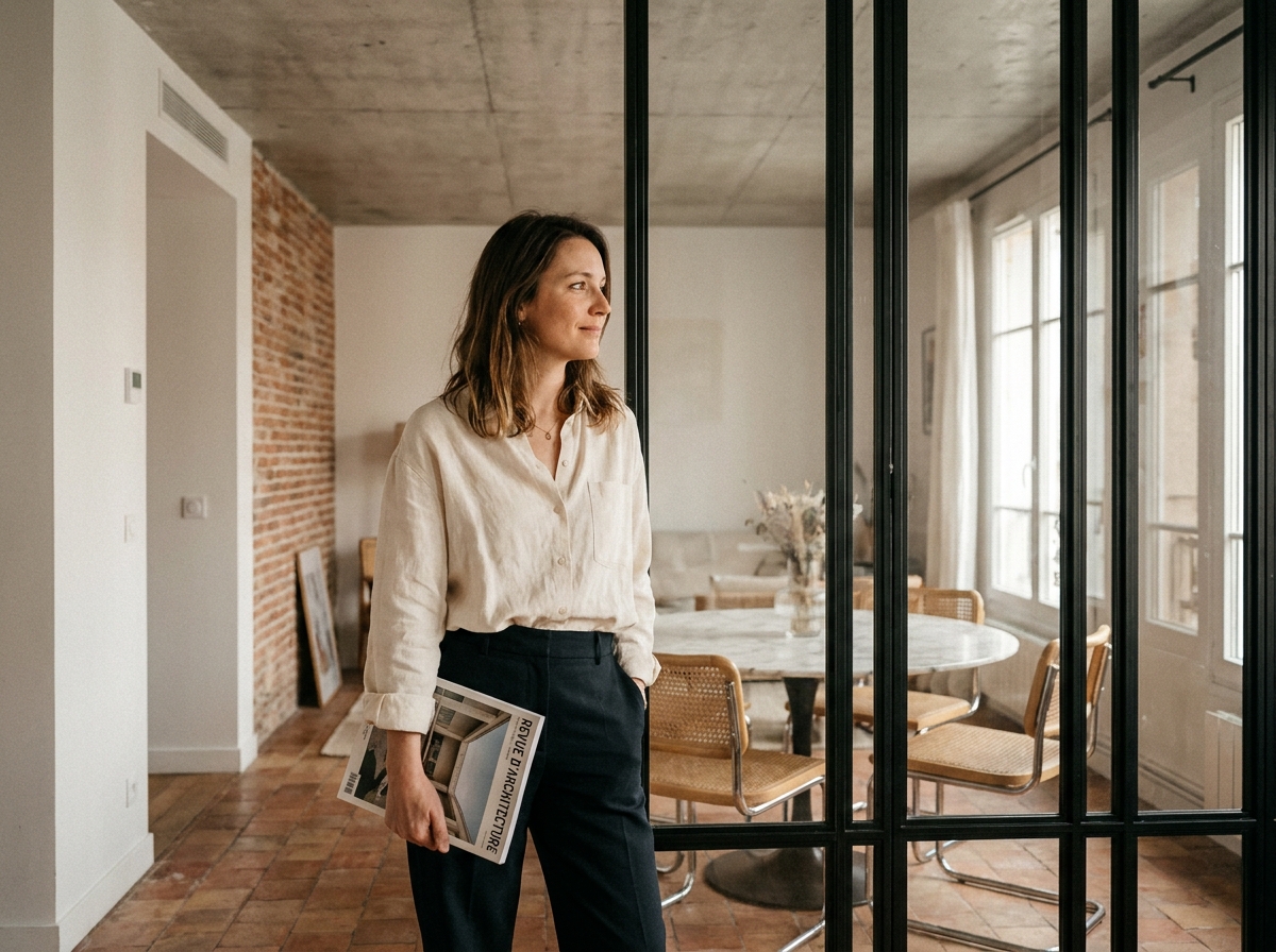 Femme élégante devant une verrière intérieure Art Déco noire dans un appartement parisien au style industriel chic