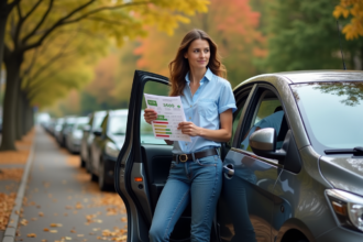 Femme devant une voiture compacte avec graphique d'efficacite