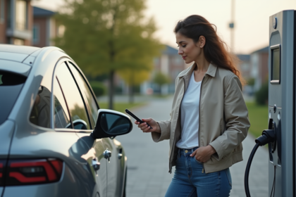 Femme examine un écran de voiture hybride en extérieur