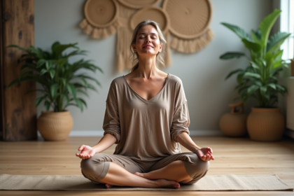 Femme méditant en yoga dans un studio calme
