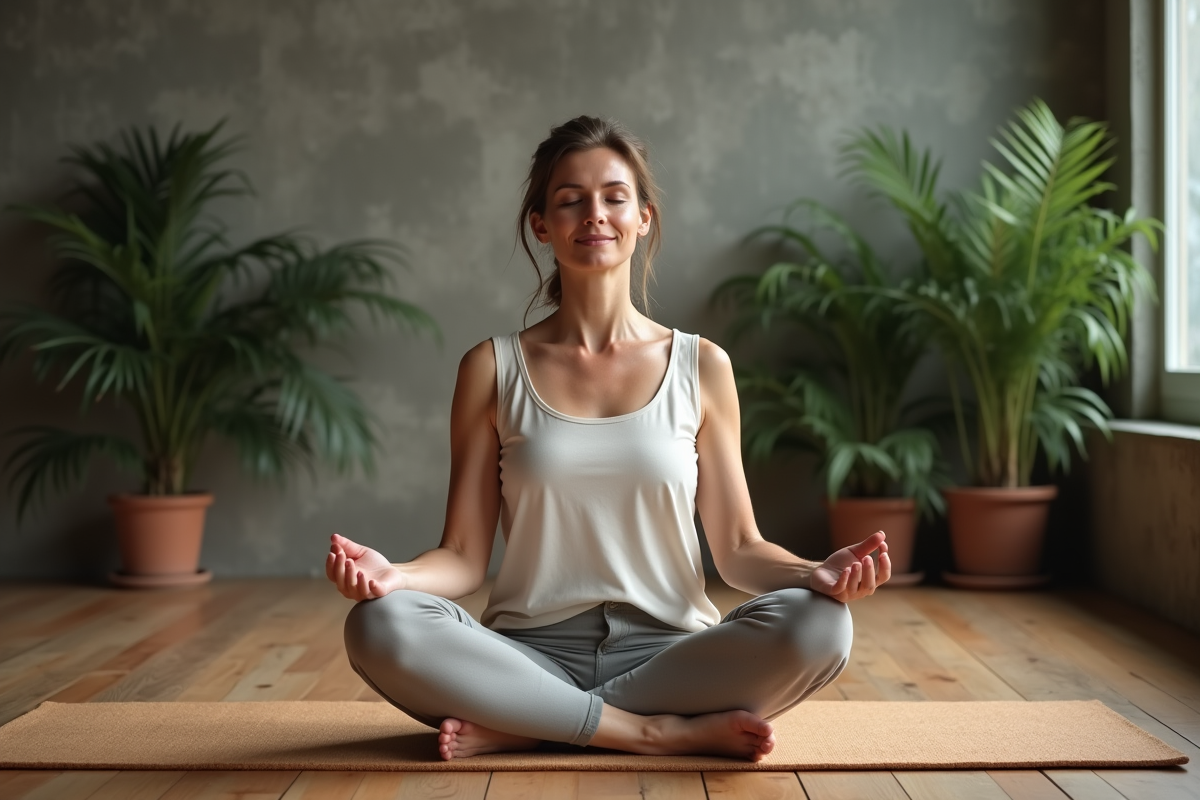 Femme méditant yoga dans un studio calme et naturel