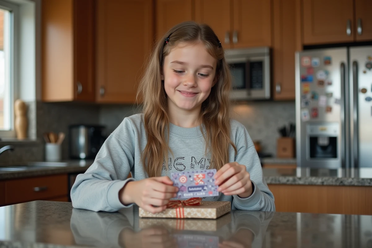 Jeune fille déballant une carte cadeau dans la cuisine