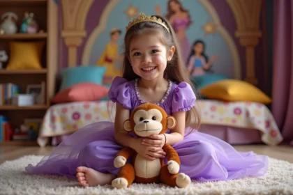 Jeune fille en robe de princesse violette jouant avec un singe en peluche Abu