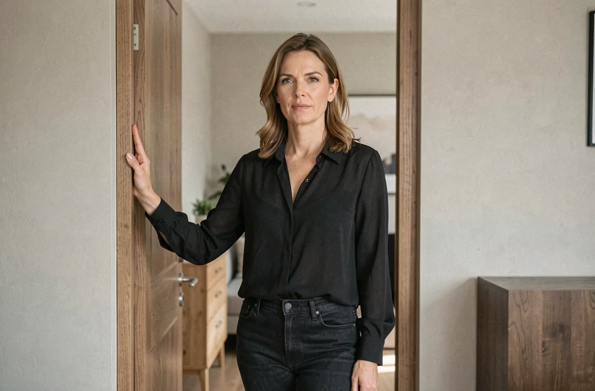 Femme se tenant fermement dans l'encadrement d'une porte, fixant une limite claire sans exception