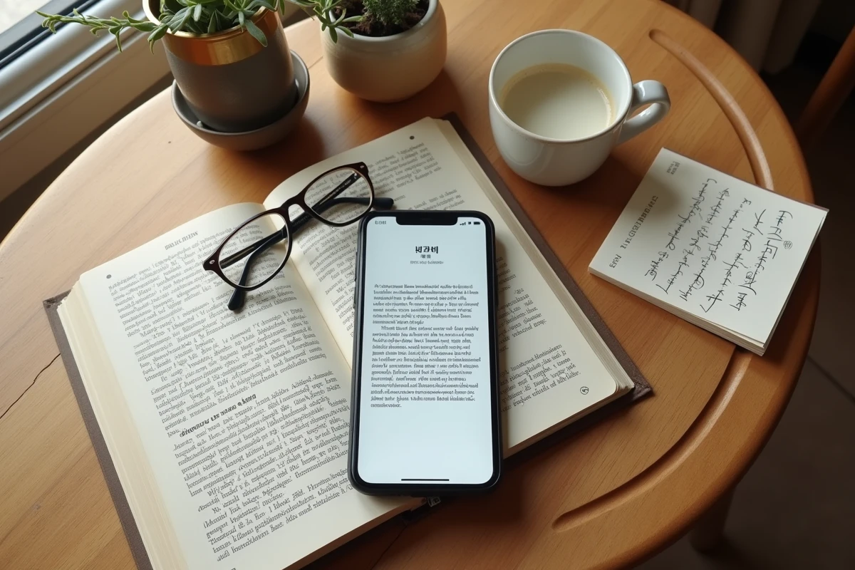 Vue du dessus d'un smartphone affichant un site de lecture de manhwa posé sur une table en bois avec un volume physique coréen, des lunettes et une tasse de café