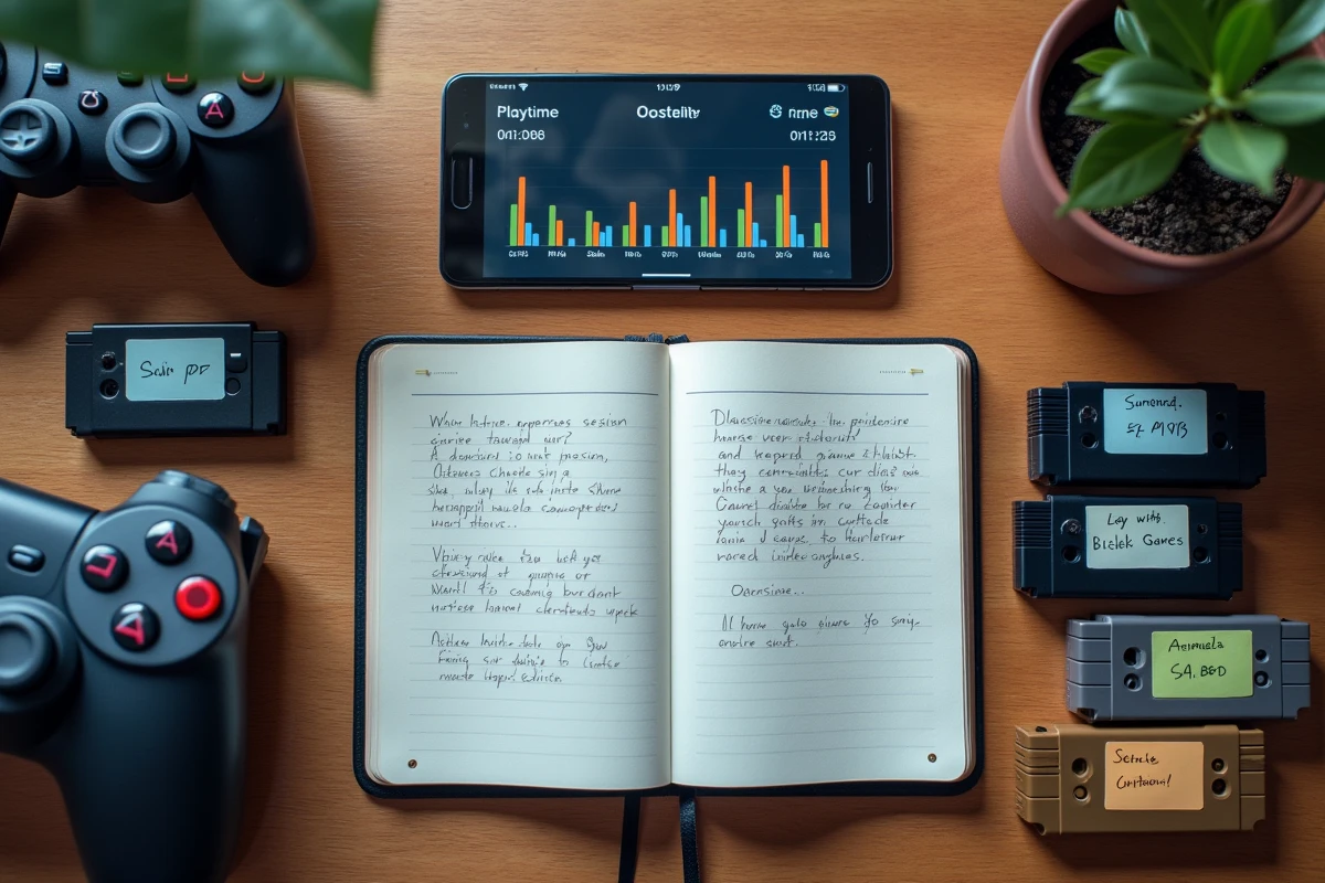 Vue aérienne d'un bureau avec manette de jeu, smartphone affichant des statistiques de temps de jeu et notes manuscrites