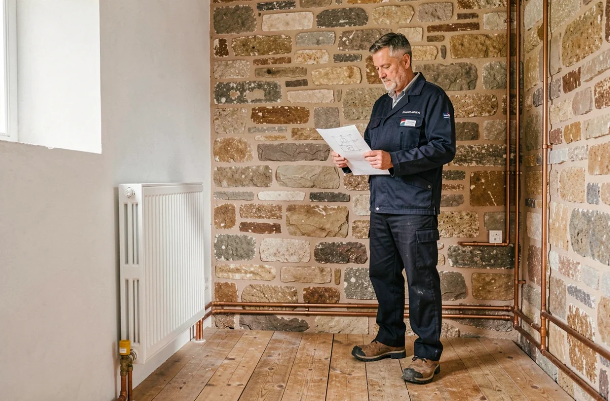 Plombier Fournier Richard installant un radiateur dans une maison en pierre rénovée des Ardennes