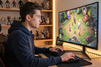 Jeune gamer concentré devant son écran jouant à un MMORPG fantaisiste avec des créatures animées de type lapin, dans une chambre gaming cosy