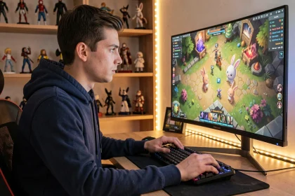 Jeune gamer concentré devant son écran jouant à un MMORPG fantaisiste avec des créatures animées de type lapin, dans une chambre gaming cosy