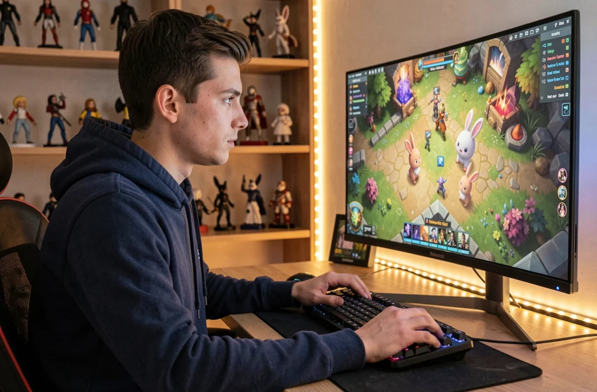 Jeune gamer concentré devant son écran jouant à un MMORPG fantaisiste avec des créatures animées de type lapin, dans une chambre gaming cosy