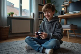 Adolescent jouant à un jeu vidéo dans sa chambre