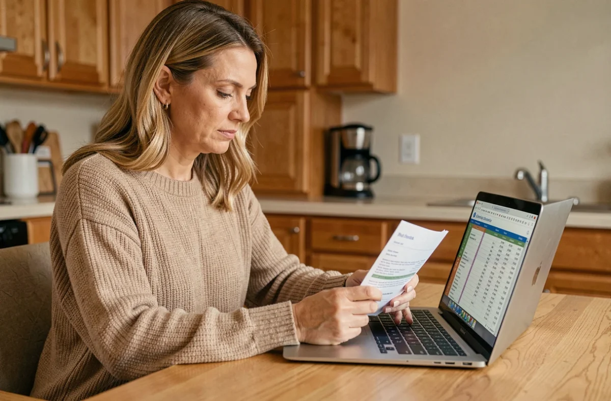 Femme examinant attentivement ses relevés bancaires et son budget pour garder le contrôle de ses finances