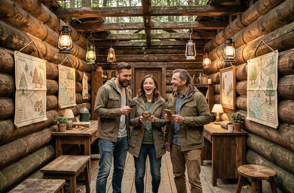 Groupe d'amis explorant une salle d'escape game sur le thème d'une cabane forestière chez Get Out à Amiens