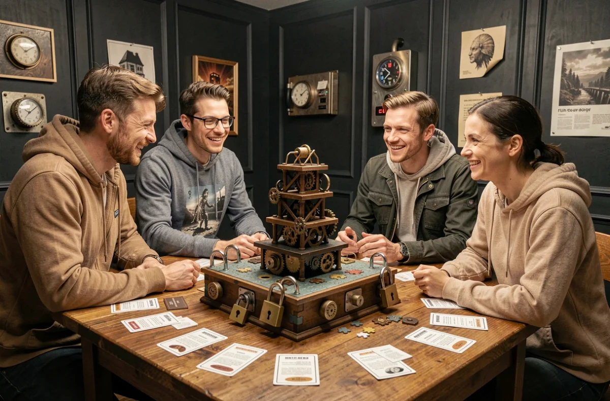 Groupe de participants résolvant des énigmes dans une salle immersive de Get Out Lille