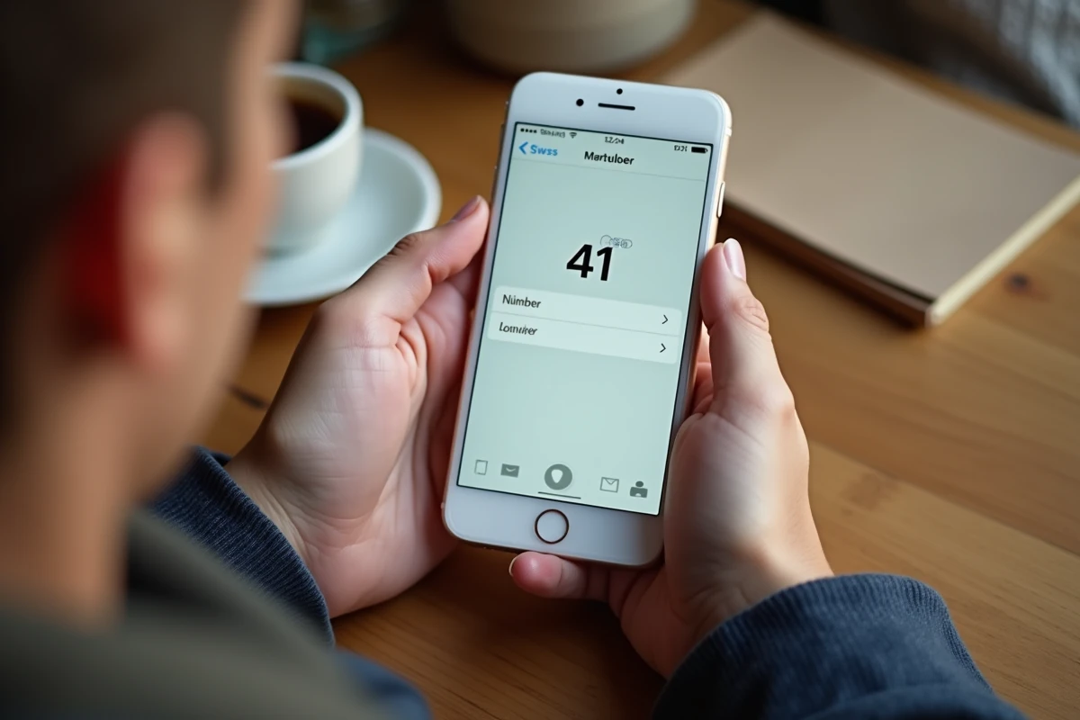 Gros plan de mains tenant un iPhone affichant le code pays +41 de la Suisse dans un répertoire téléphonique