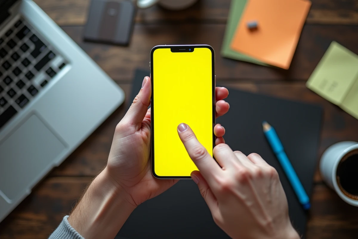 Gros plan d'une main utilisant Snapchat sur smartphone posé sur un bureau encombré, symbolisant les erreurs d'anonymat sur les réseaux sociaux