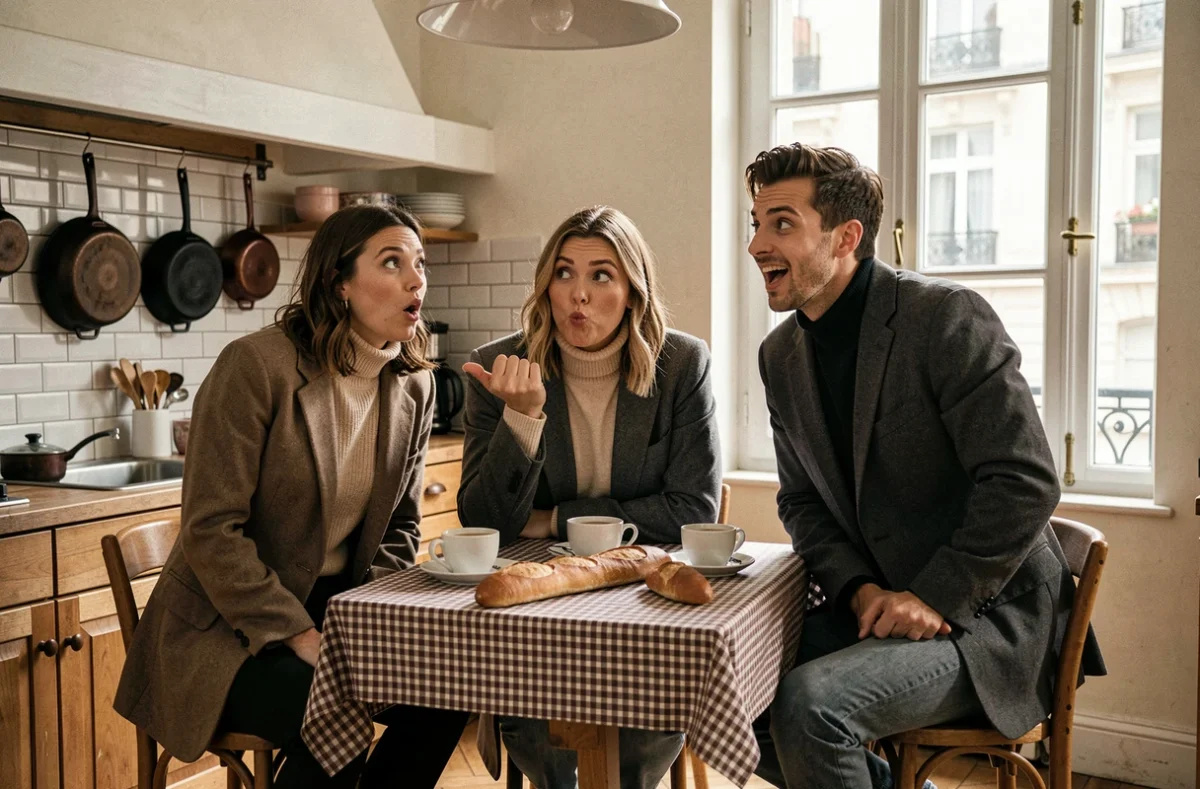 Groupe d'amis français mimant des expressions drôles typiques autour d'une table de cuisine parisienne