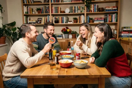 Groupe d'amis jouant au jeu de la bombe autour d'une table en bois lors d'une soirée jeux conviviale