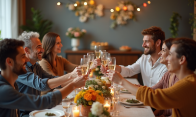 Groupe d'amis faisant un toast lors d'une fête conviviale
