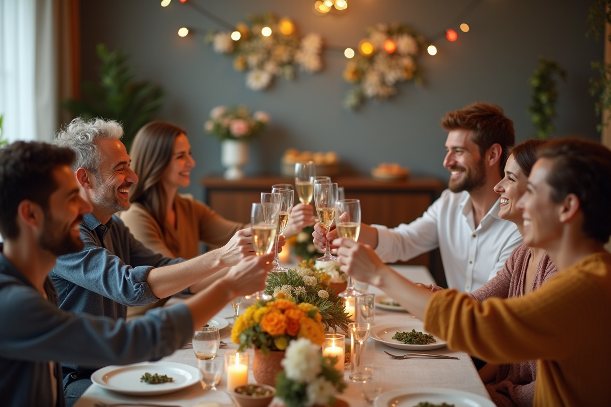 Groupe d'amis faisant un toast lors d'une fête conviviale