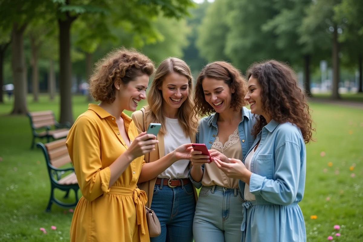 Groupe de femmes riant avec gif anniversaire dans un parc