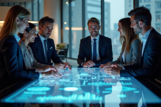 Groupe de professionnels collaborant autour d'une table holographique