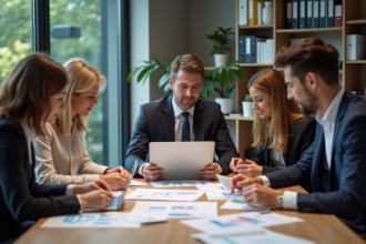 Groupe d'adultes divers en réunion de travail en bureau
