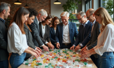 Groupe de professionnels triant des recyclables dans un bureau moderne