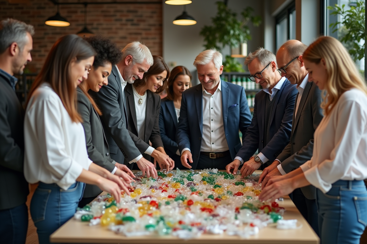 Groupe de professionnels triant des recyclables dans un bureau moderne