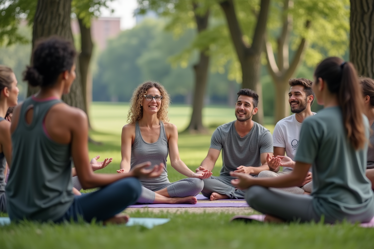 Groupe de personnes en yoga discutant en parc