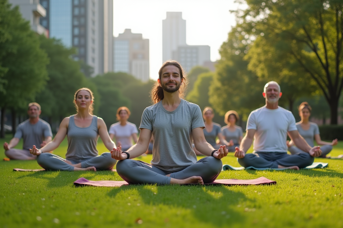 Groupe divers pratiquant yoga dans un parc urbain verdoyant