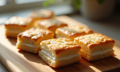 Gâteau biscuit joconde en carrés sur planche en bois