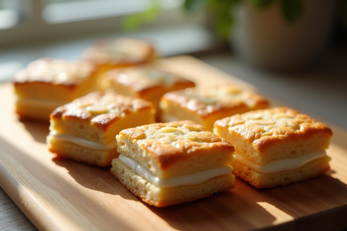 Gâteau biscuit joconde en carrés sur planche en bois