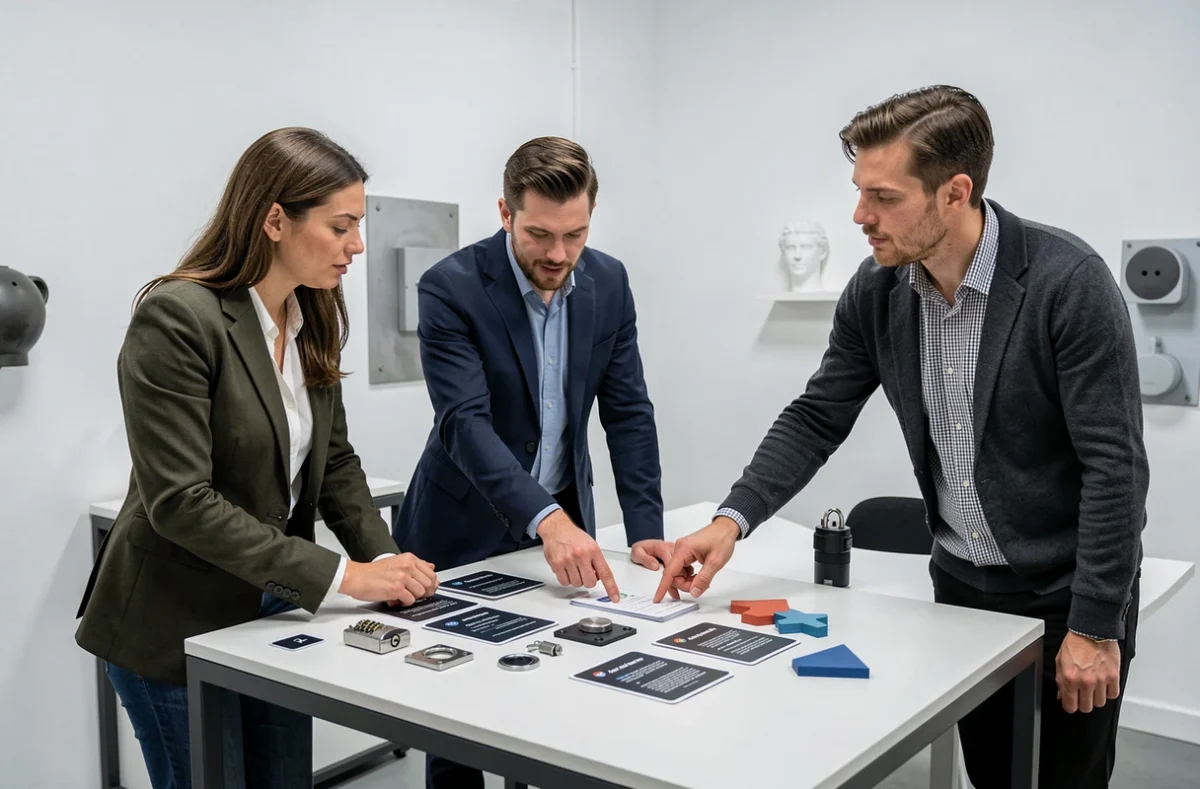 Équipe de joueurs résolvant des énigmes dans la salle épurée et moderne de HintHunt à Lille