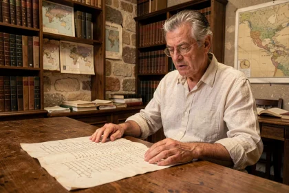 Historien catalan étudiant un document généalogique ancien dans une archive barcelonaise en lien avec le nom de famille Pompeu
