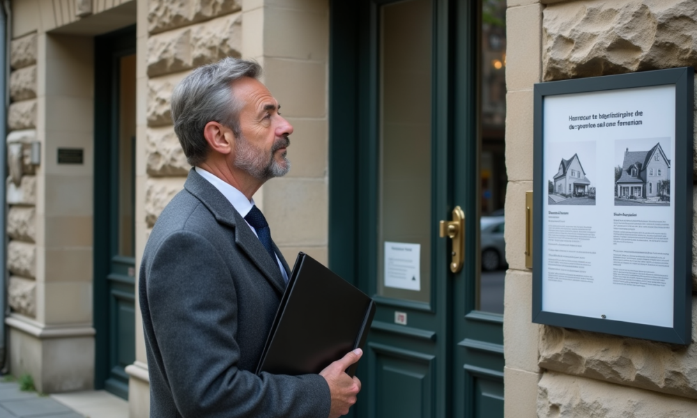 Homme d'affaires regardant un panneau d'affichage immobilier