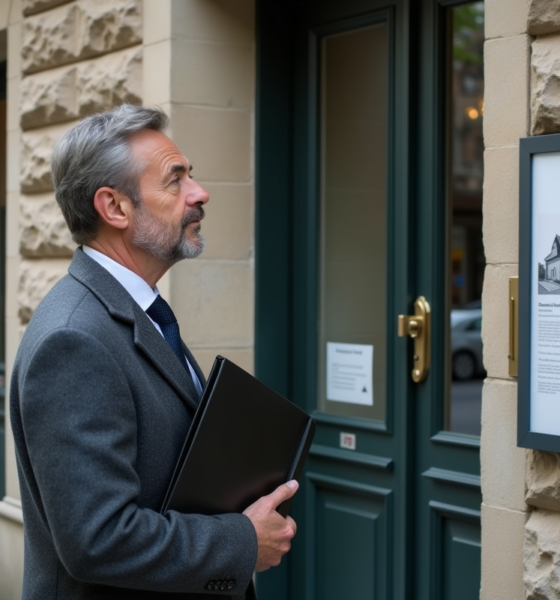 Homme d'affaires regardant un panneau d'affichage immobilier