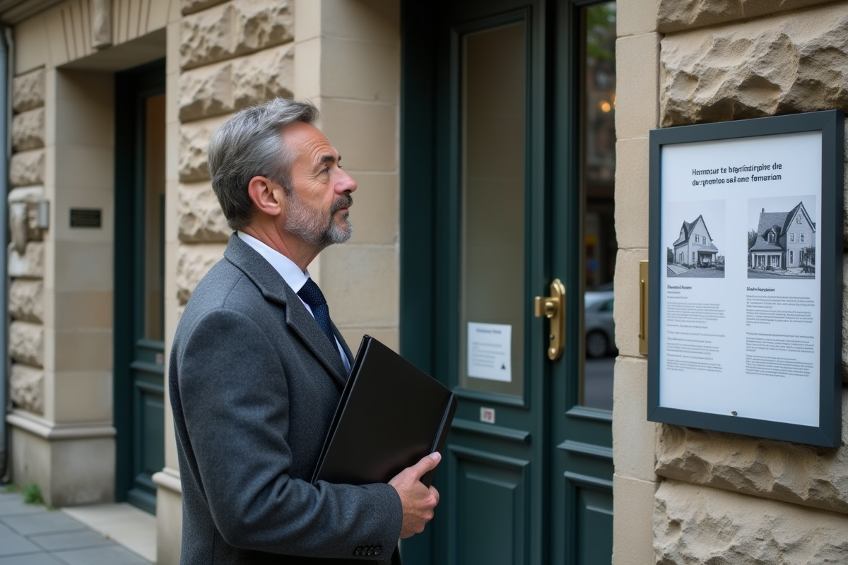 Homme d'affaires regardant un panneau d'affichage immobilier