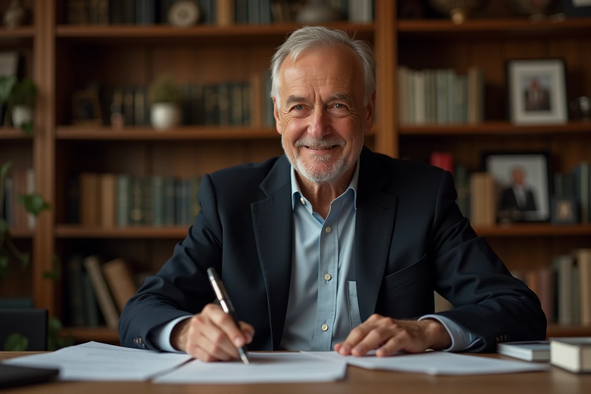 Homme agee en blazer dans un bureau chaleureux