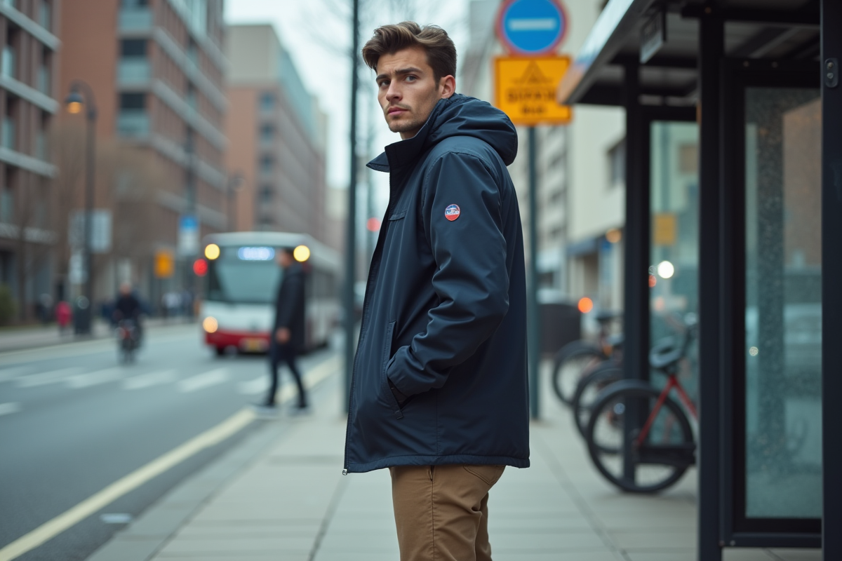 Jeune homme au arrêt de bus en ville